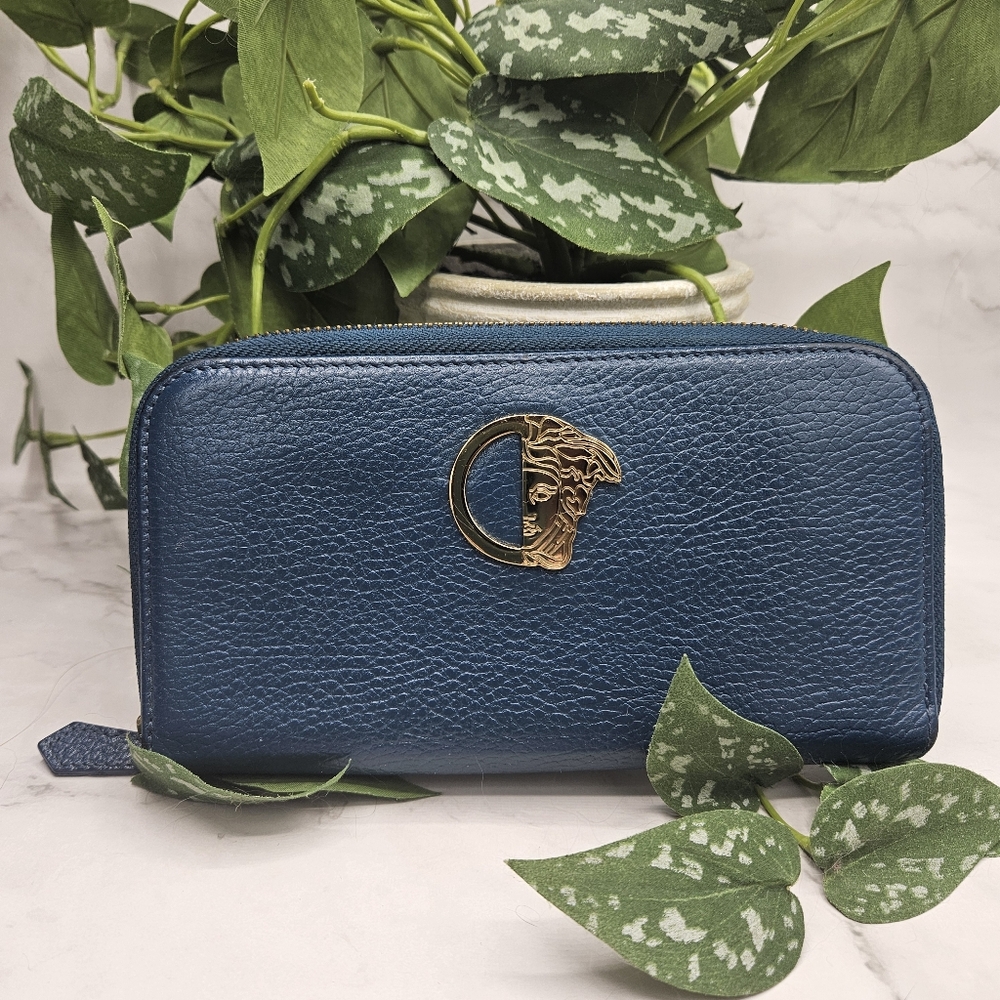 Versace Collection Medusa Blue gold Leather zip around Wallet 1 zippered pocket